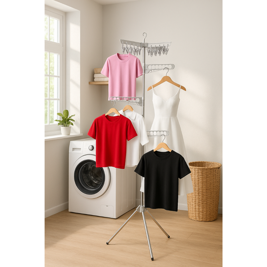 Trendi Collapsible Clothes Drying Rack – Stainless Steel Foldable Tripod Coat Hanger with 3 Arms & 24 Clothespins, Corner Garment Storage Shelf Stand, Portable Laundry Organizer for Indoor & Outdoor