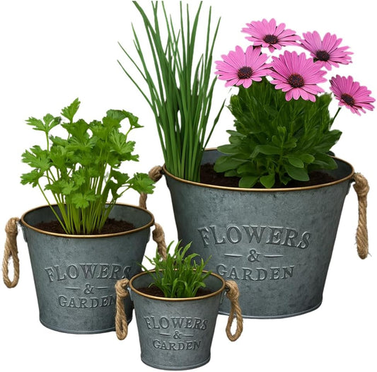 Trendi Galvanized Metal Flower Pots with Rope Handles – Set of 3 Rustic Planters for Indoor & Outdoor Use | Vintage Flowers & Garden Embossed Tin Buckets | Decorative Rustic Planters