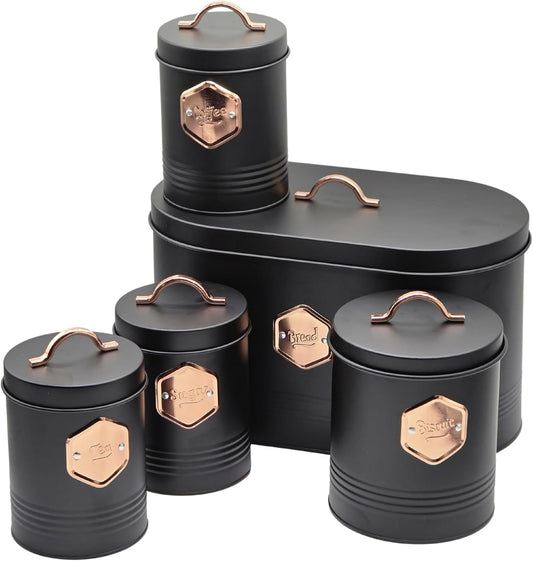 5-Piece Airtight Kitchen Canister Set – Tea, Coffee, Sugar, Bread & Biscuit Storage Tins – Labelled Containers for Pantry/Kitchen Organization – Stylish Black & Copper Design