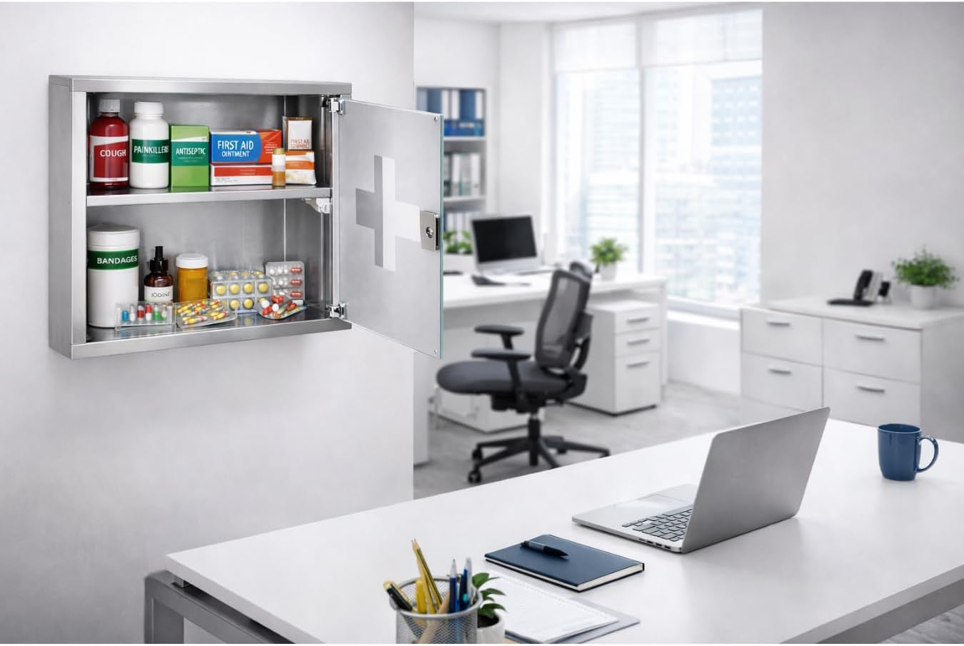 Trendi Stainless Steel First Aid Cabinet with Lock & Key – Wall Mounted Medicine Storage Box with 2 Shelves & Frosted Glass Door – For Home, Clinic, Hospital & Workplace