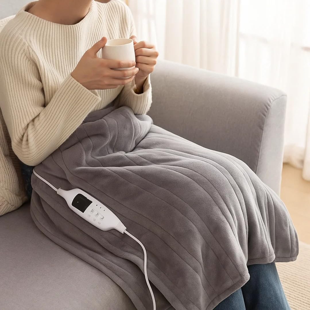 Trendi Electric Throw Blanket 120W Heated Blanket with Digital Controller, Overheat Protection, Machine Washable Soft Flannel – Grey Heated Throw for Sofa, Bed
