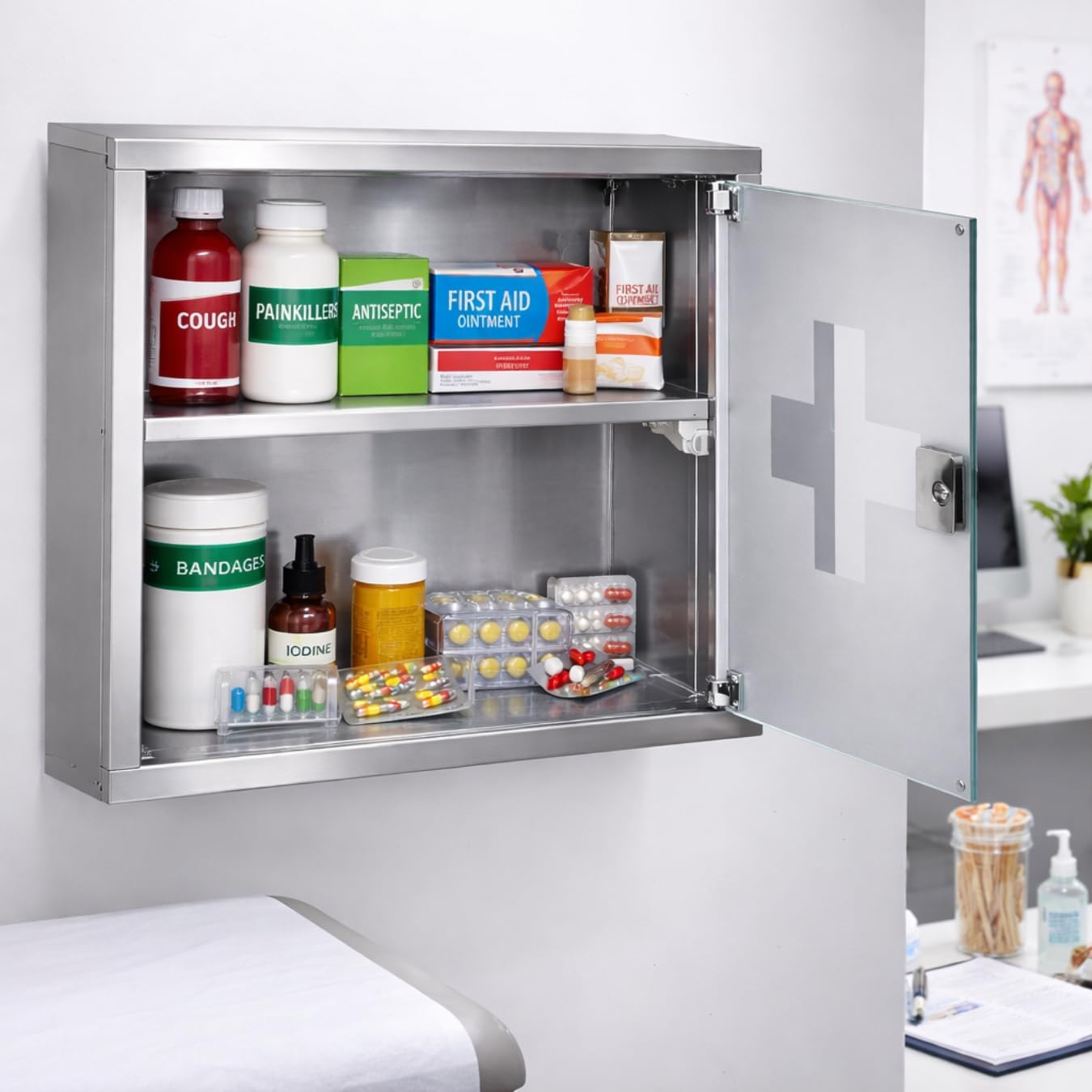 Trendi Stainless Steel First Aid Cabinet with Lock & Key – Wall Mounted Medicine Storage Box with 2 Shelves & Frosted Glass Door – For Home, Clinic, Hospital & Workplace