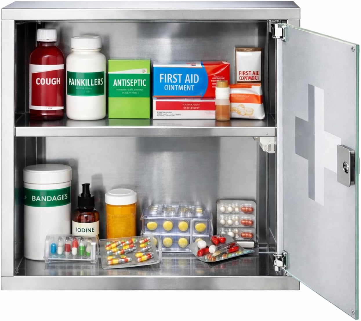 Trendi Stainless Steel First Aid Cabinet with Lock & Key – Wall Mounted Medicine Storage Box with 2 Shelves & Frosted Glass Door – For Home, Clinic, Hospital & Workplace