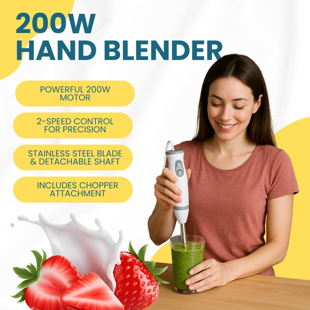 200 W Electric Hand Blender – 2-Speed Stick Blender with Detachable Shaft & Stainless Steel Blades + Chopper Attachment – Ideal for Soups, Sauces, Smoothies & Baby Food