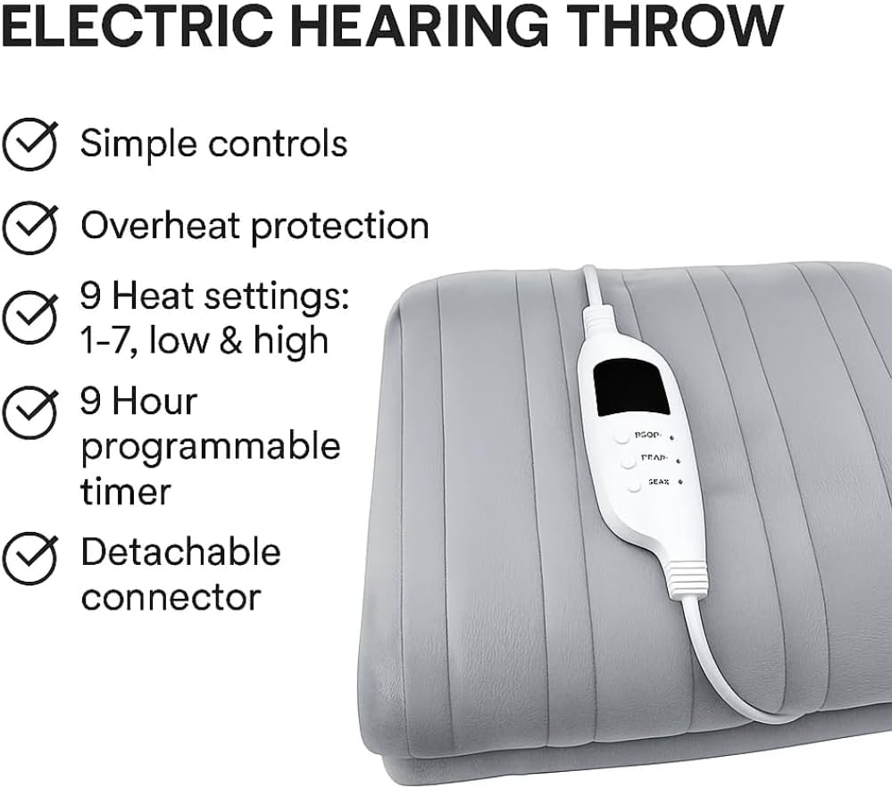 Trendi Electric Throw Blanket 120W Heated Blanket with Digital Controller, Overheat Protection, Machine Washable Soft Flannel – Grey Heated Throw for Sofa, Bed