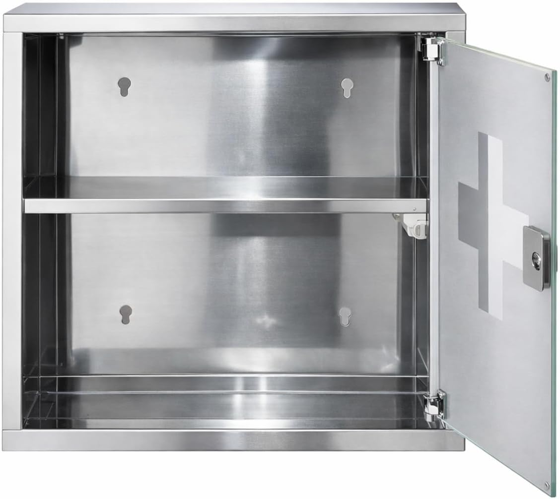Trendi Stainless Steel First Aid Cabinet with Lock & Key – Wall Mounted Medicine Storage Box with 2 Shelves & Frosted Glass Door – For Home, Clinic, Hospital & Workplace