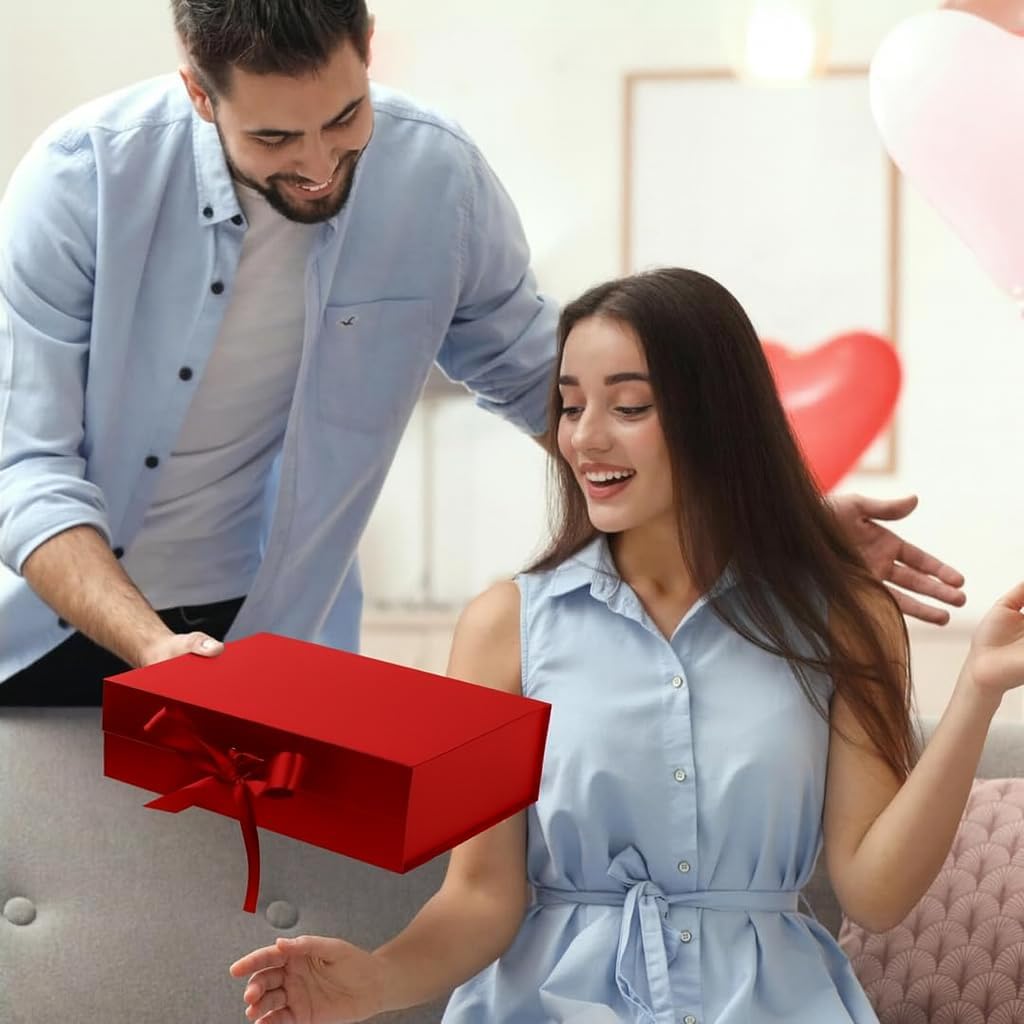 Trendi Premium Gift Box 21×21×9 cm with Bow Ribbon – Medium Luxury Folding Gift Box with Magnetic Closure | Reusable Elegant Present Box for Weddings, Birthdays & Holidays