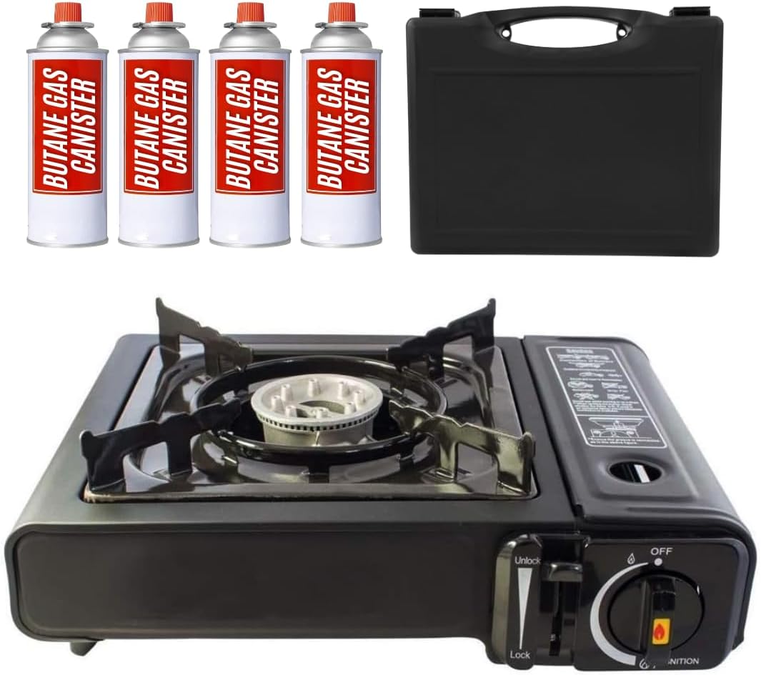 Portable Camping Stove  – Complete Outdoor Cooking Set with Carry Case, EN417 Gas Compatibility, Auto Ignition & Adjustable Flame