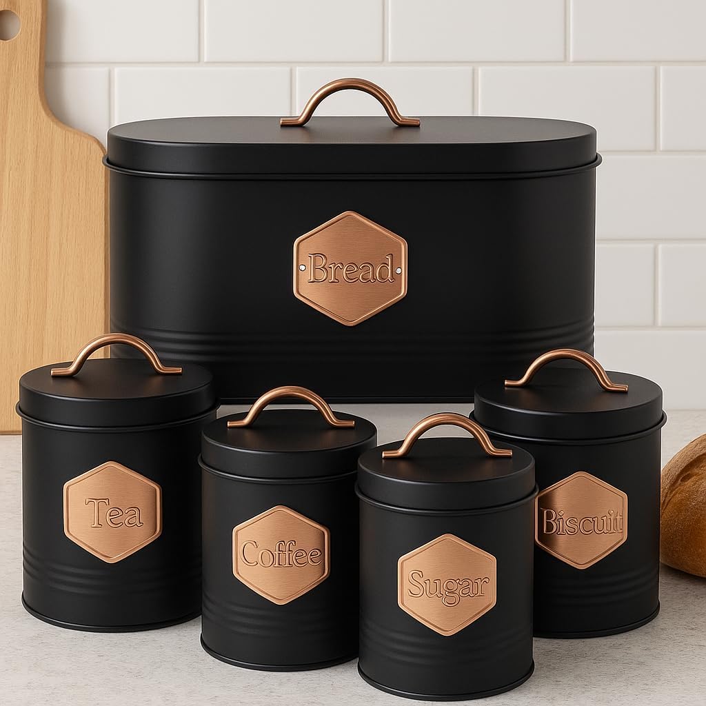 5-Piece Airtight Kitchen Canister Set – Tea, Coffee, Sugar, Bread & Biscuit Storage Tins – Labelled Containers for Pantry/Kitchen Organization – Stylish Black & Copper Design