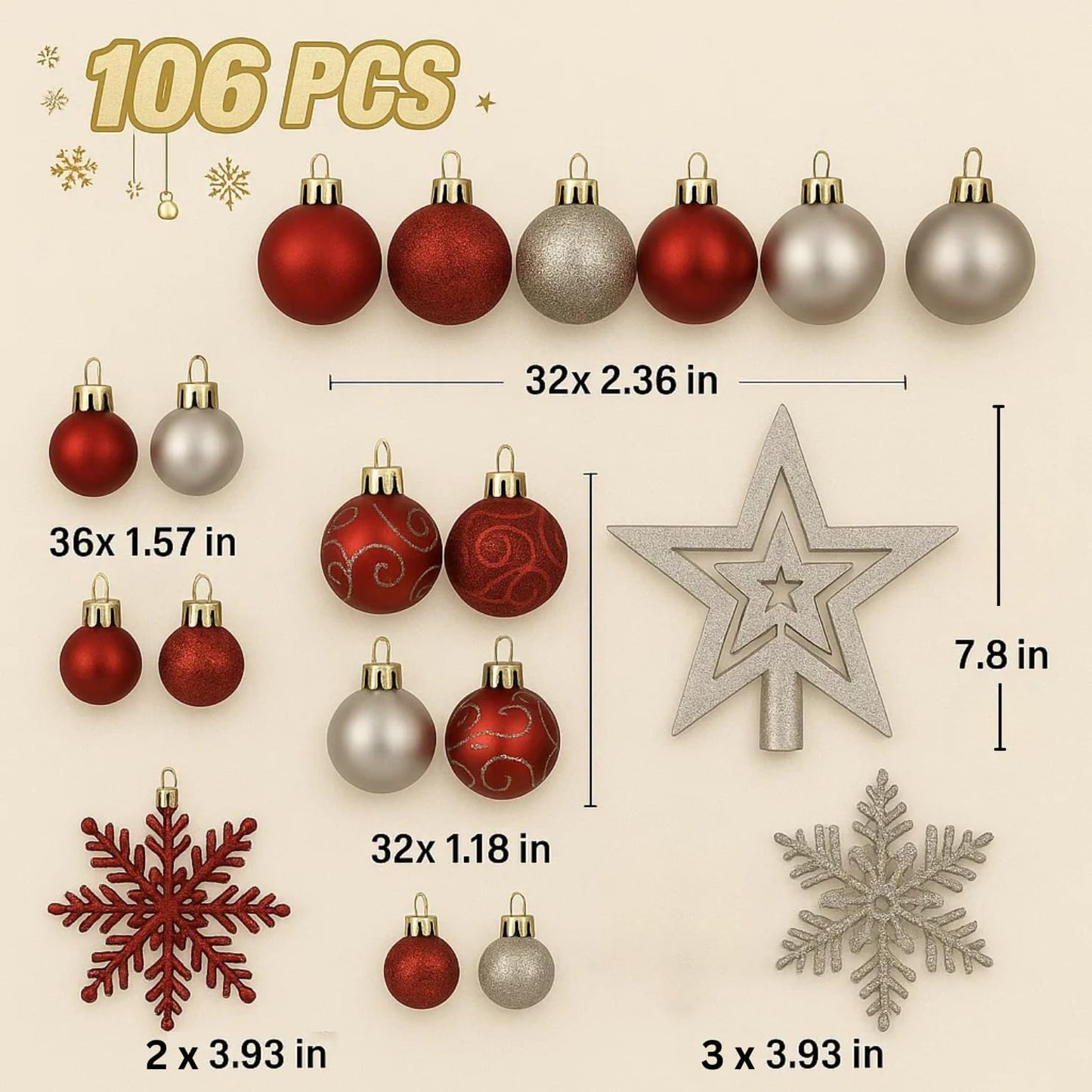 Trendi 106 Pcs Christmas Ball Ornaments Set with Tree Topper – Shatterproof Baubles for Christmas Tree Decorations, Holiday Ornament Set for Home, Party & Festive Décor