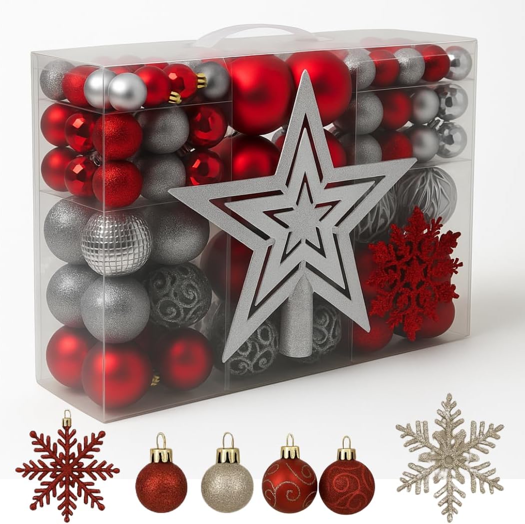 Trendi 106 Pcs Christmas Ball Ornaments Set with Tree Topper – Shatterproof Baubles for Christmas Tree Decorations, Holiday Ornament Set for Home, Party & Festive Décor