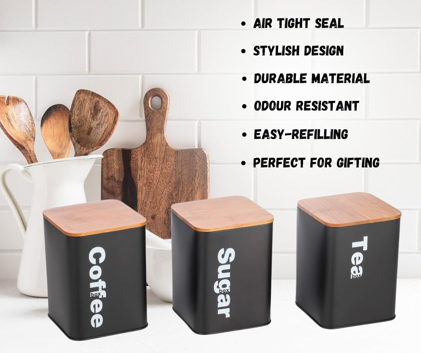 Tea Coffee Sugar Storage Set – 1000ml Kitchen Storage Containers | 3pc Airtight Canister Set with Bamboo Lids | Storage Jars for Tea, Coffee & Sugar