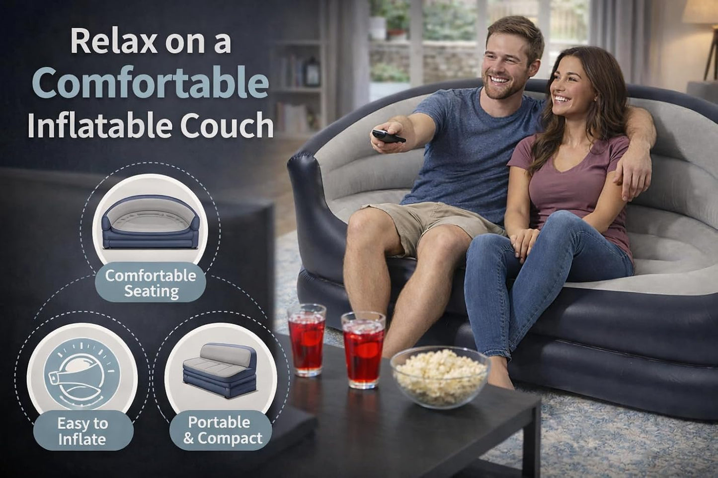 Inflatable Sofa Couch – Deluxe Armchair Style Air Couch with Backrest & Armrests, Soft Flocked Seating, Portable Blow Up Sofa for Living Room, Bedroom, Camping & Indoor Use