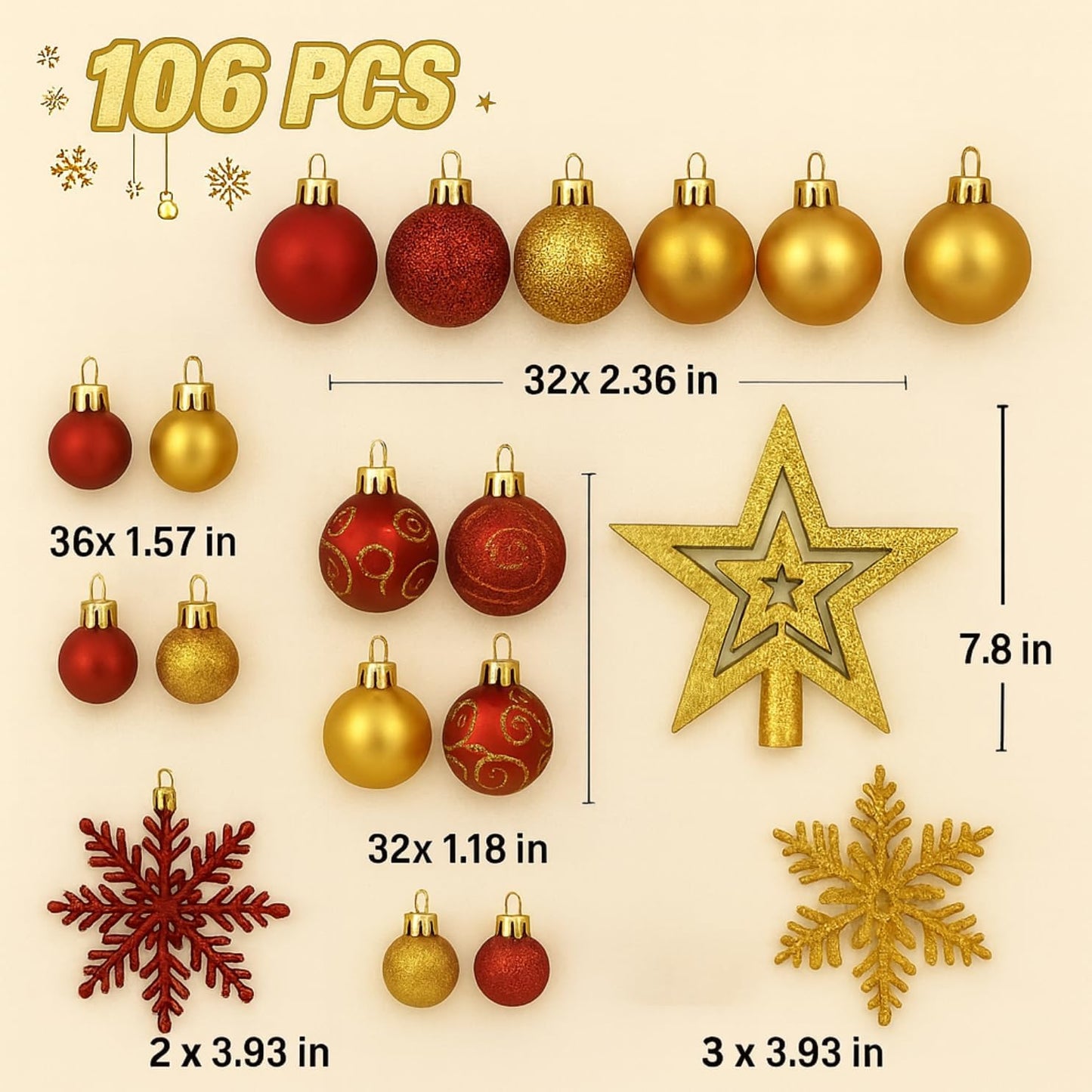 Trendi 106 Pcs Christmas Ball Ornaments Set with Tree Topper – Shatterproof Baubles for Christmas Tree Decorations, Holiday Ornament Set for Home, Party & Festive Décor