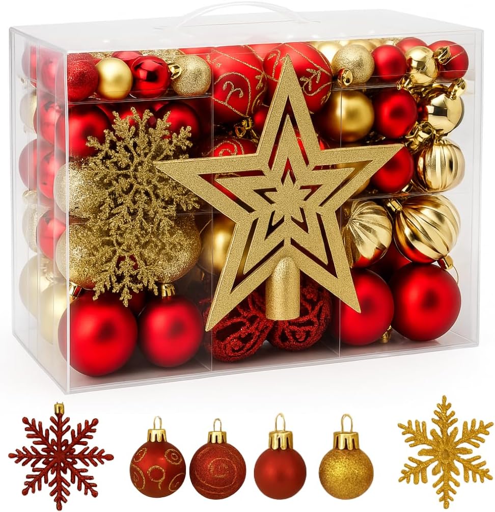 Trendi 106 Pcs Christmas Ball Ornaments Set with Tree Topper – Shatterproof Baubles for Christmas Tree Decorations, Holiday Ornament Set for Home, Party & Festive Décor