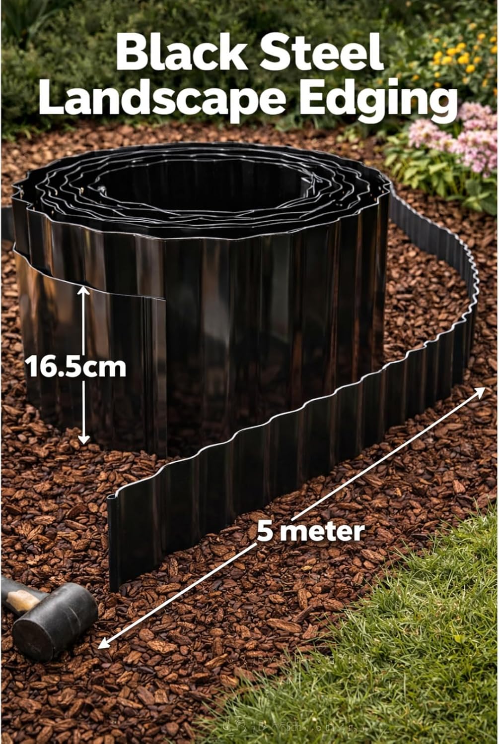 Trendi Heavy Duty Steel Lawn Edging – Flexible Metal Garden Border Fence for Flower Beds, Paths & DIY Landscaping Projects – Rust-Resistant Outdoor Landscape Edging, Black