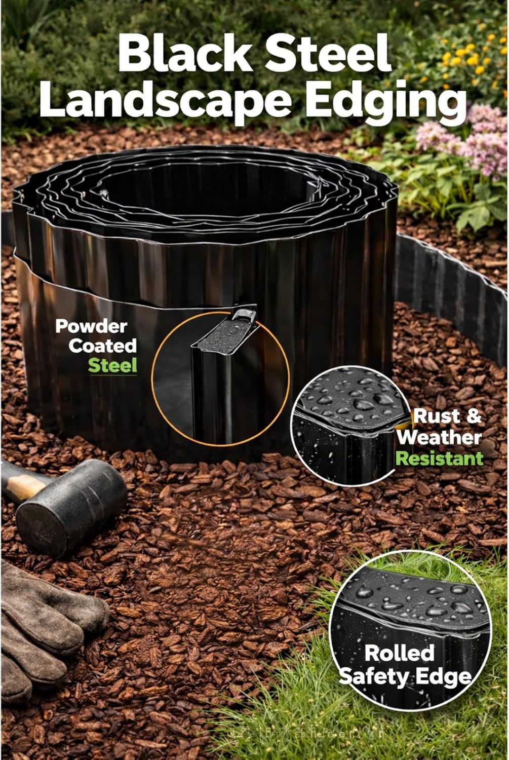 Trendi Heavy Duty Steel Lawn Edging – Flexible Metal Garden Border Fence for Flower Beds, Paths & DIY Landscaping Projects – Rust-Resistant Outdoor Landscape Edging, Black