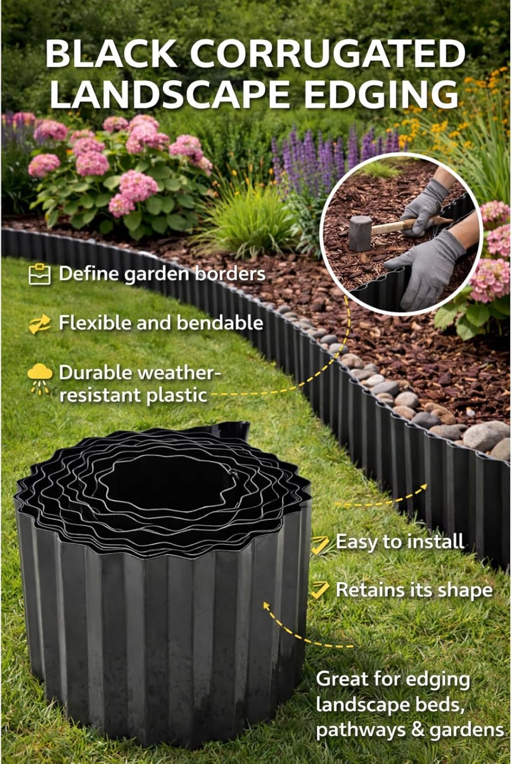Trendi Heavy Duty Steel Lawn Edging – Flexible Metal Garden Border Fence for Flower Beds, Paths & DIY Landscaping Projects – Rust-Resistant Outdoor Landscape Edging, Black