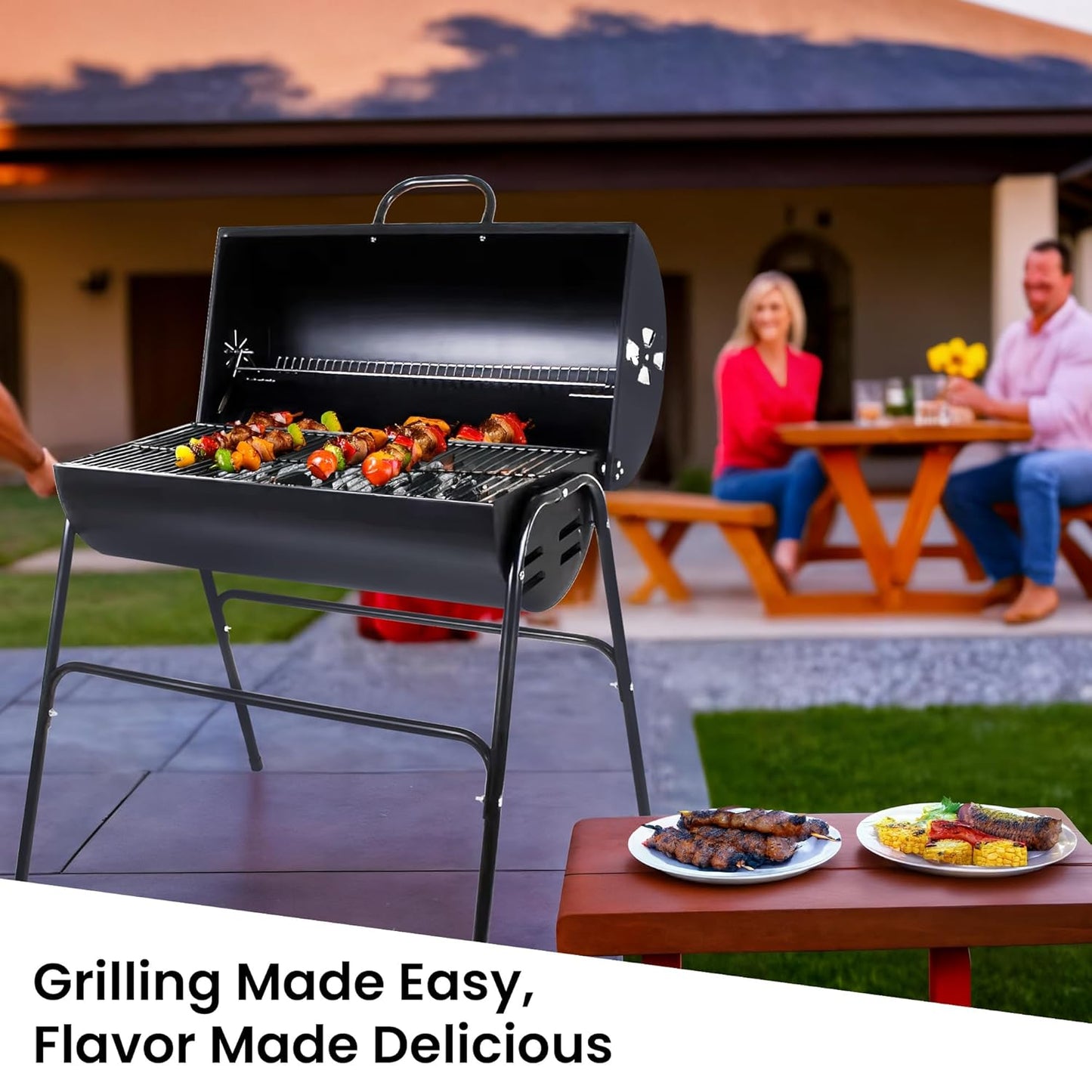 Trendi Charcoal BBQ Grill & Smoker – Portable Barrel Barbecue with Warming Rack, Adjustable Air Vents & Wheels – Large Outdoor Garden BBQ for Grilling Meat, Fish & Vegetables