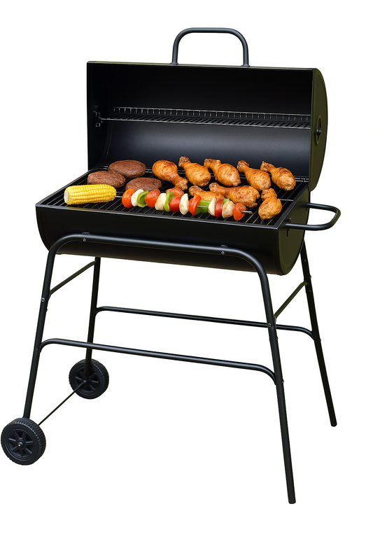 Trendi Charcoal BBQ Grill & Smoker – Portable Barrel Barbecue with Warming Rack, Adjustable Air Vents & Wheels – Large Outdoor Garden BBQ for Grilling Meat, Fish & Vegetables