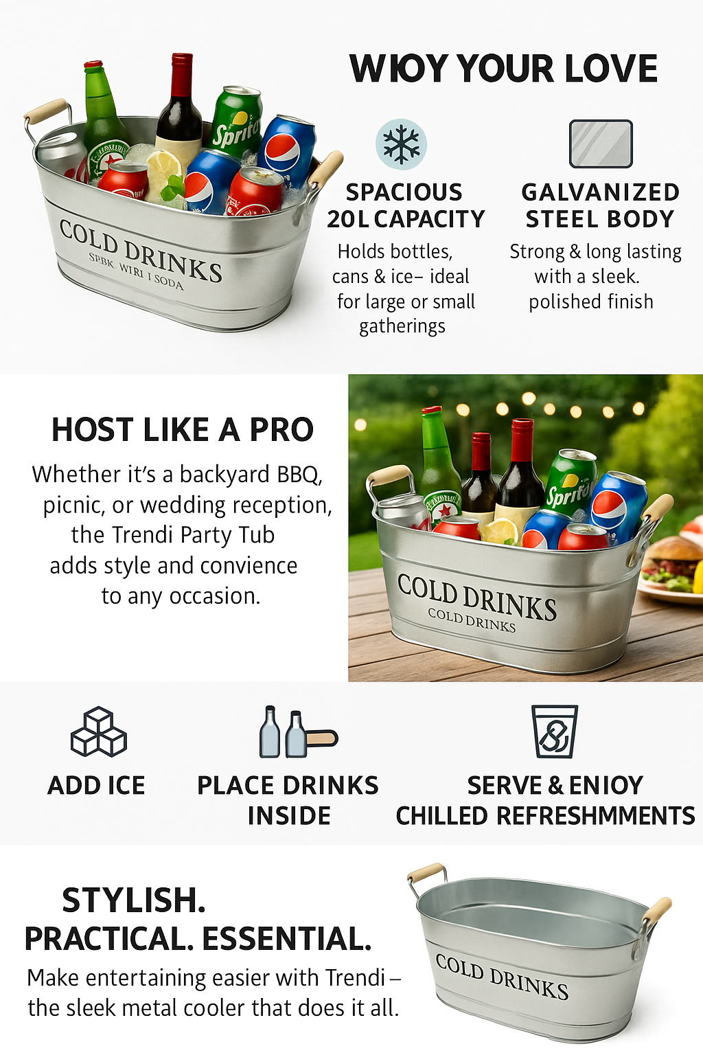 Trendi 20L Large Oval Party Tub – Galvanized Steel Beverage Cooler with Wooden Handles, Ice Bucket for Indoor/Outdoor Use, Ideal for BBQs, Parties, Events, and Drink Serving